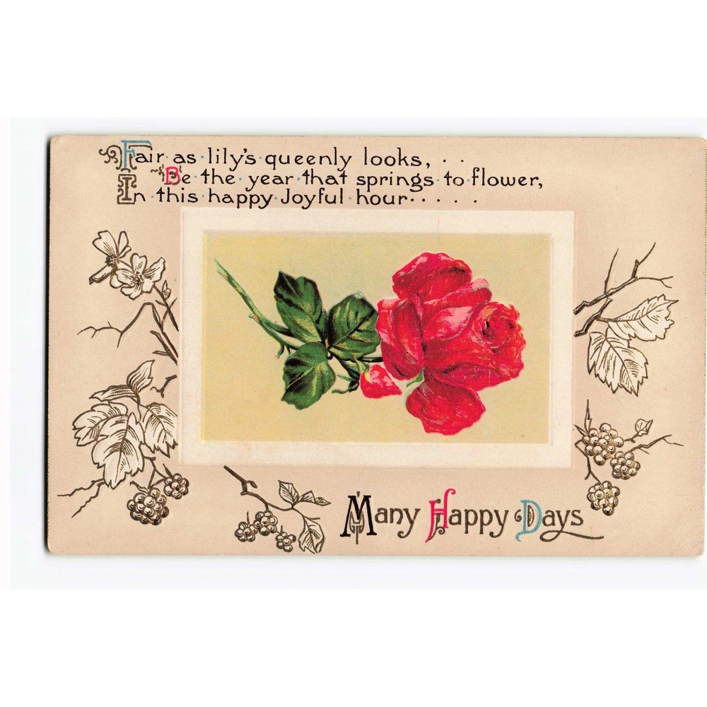Vintage Embossed Red Rose Postcard Many Happy Days Floral Greeting Divided Back